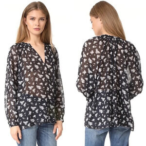 NWOT Vince Calico Floral Pleat Neck Silk Blouse Blue Casual Women’s Medium